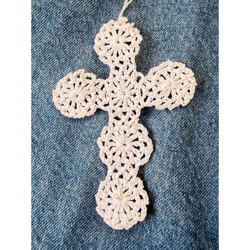 Vintage 1970s Handmade Crocheted Cross Ornaments White Cotton Lace Set of 2